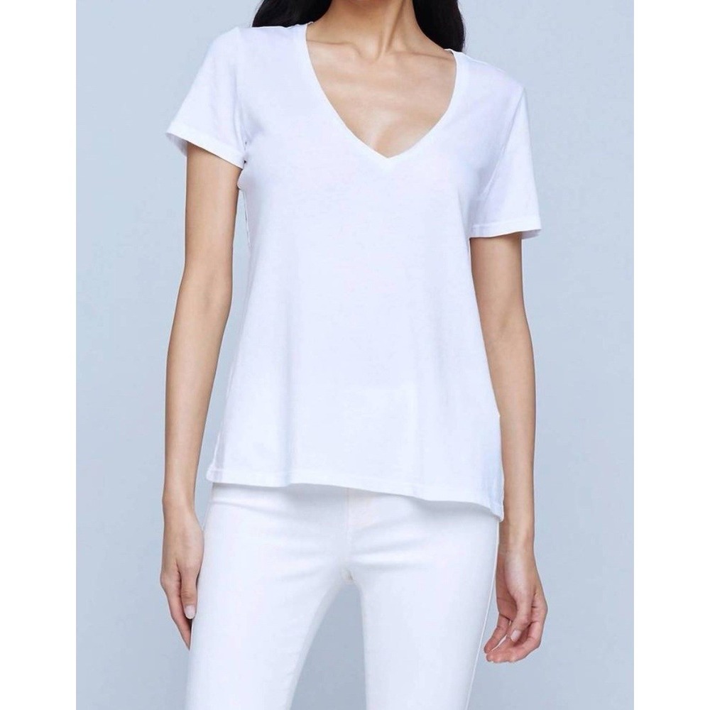 L'Agence T Shirt Women's L White Deep V Neck Relaxed Sheer Daija NEW